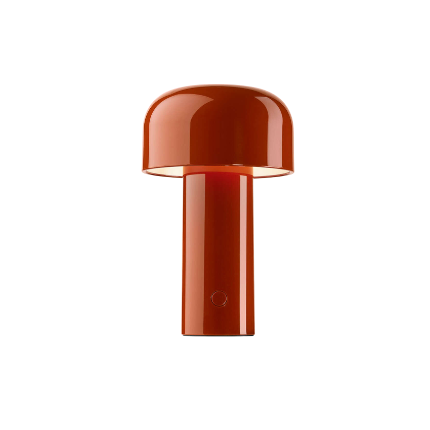 چراغ Flos Bellhop Table Lamp چراغ Flos Bellhop قابلحمل با رنگ آجری – فرم قارچی و نور گرم